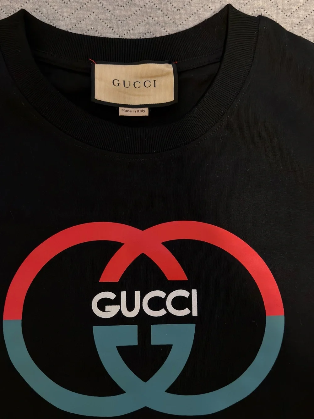 Gucci Black Tee with Red and Teal Interlocking Gs